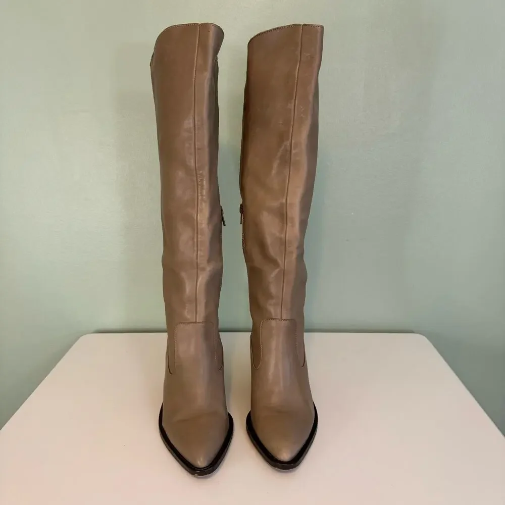 Sole Society Over the Knee Boots Beige Tan Leather Pointy Toe Block Heel Size 7M